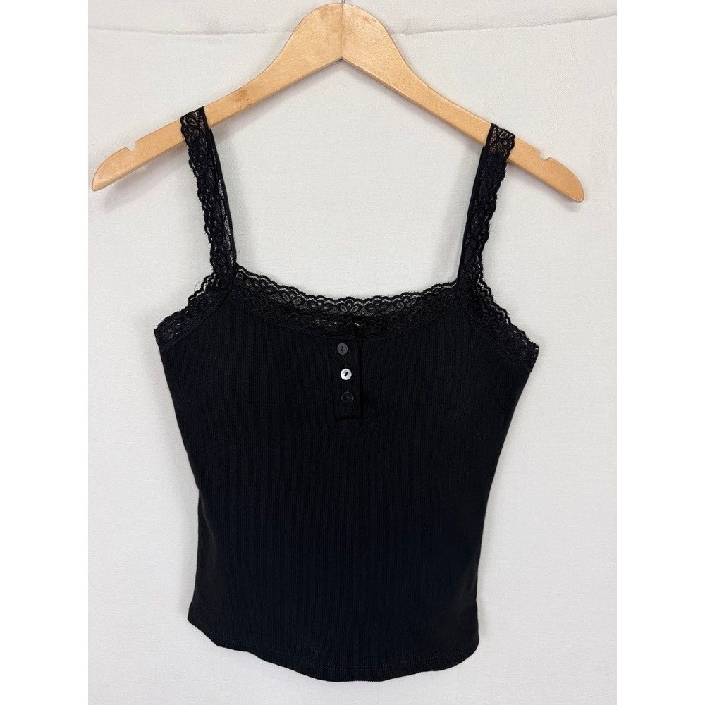 Bare Lace Trim Ribbed Henley Tank Cami Women Small Black | Coquette Aesthetic